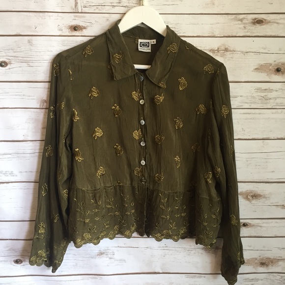 Johnny Was Tops - JOHNNY WAS Olive Green ROSES Embroidered Top